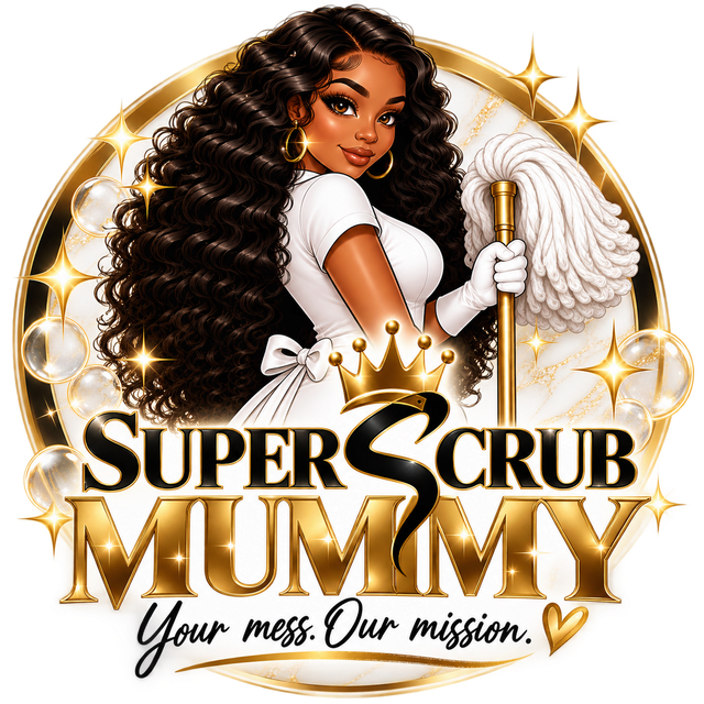 Super Scrub Mummy logo: an illustrated cleaner in a white uniform holding a gold-handled mop, with a gold crown and the tagline Your mess. Our mission.